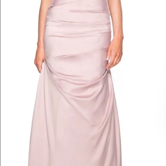 NWT LA Femme champagne colored ruched gown with beaded back and sleeves. - Picture 3 of 14
